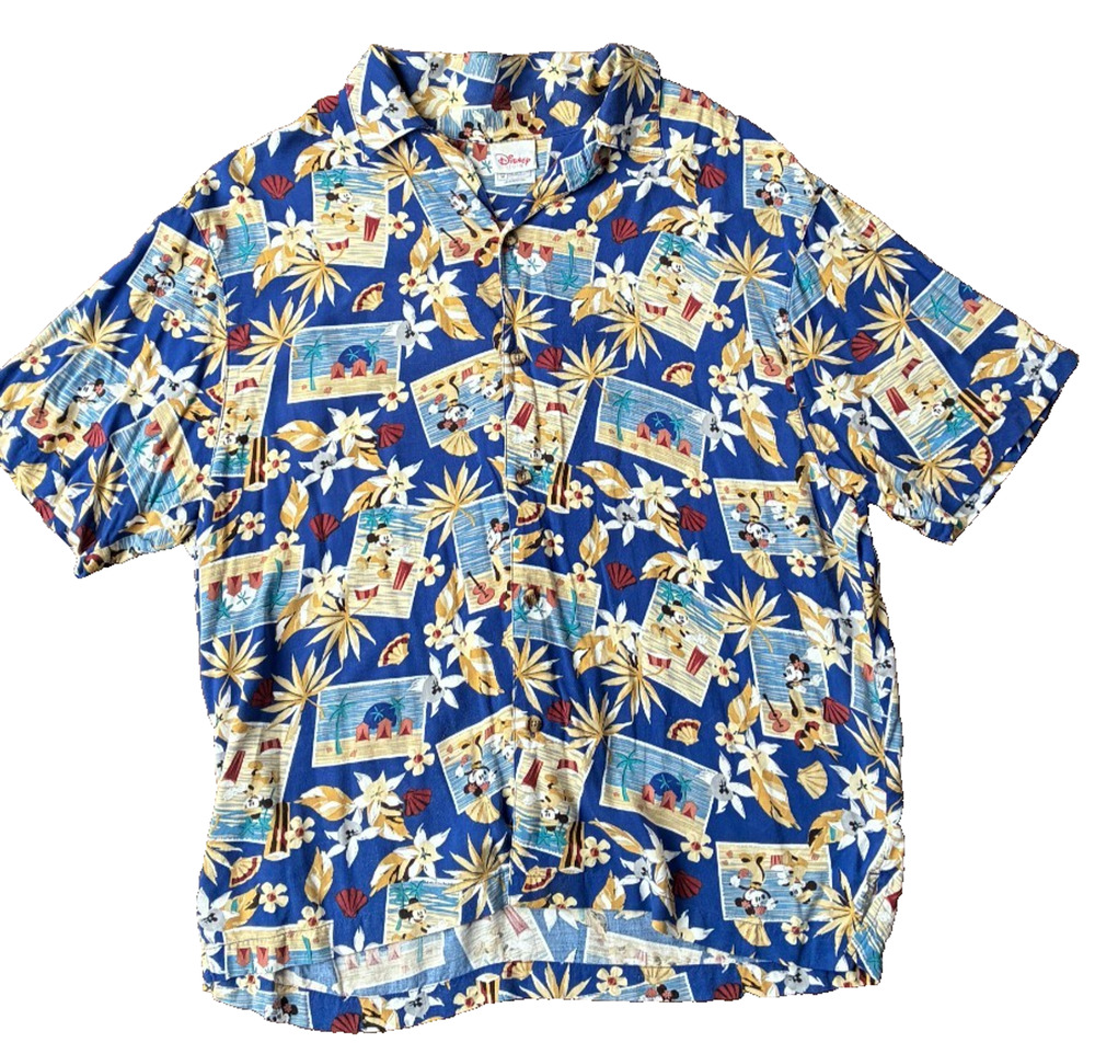 Vintage Disney Store Hawaiian Shirt Men Blue Mickey Mouse Hula Tropical, Size M